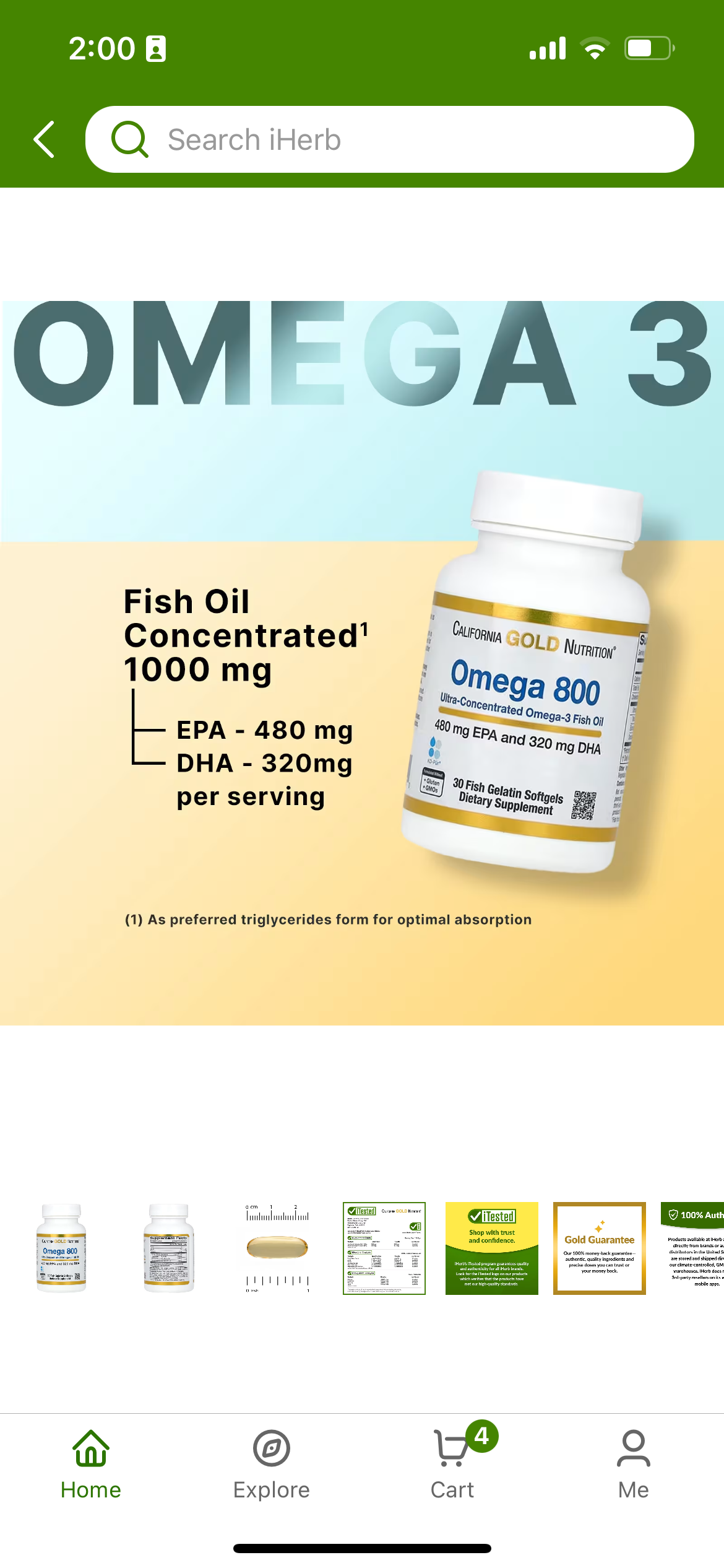 Omega 800, Ultra concentrated Omega-3 Fish oil, 1,000 mg, 30 dona baliq jelatinlari