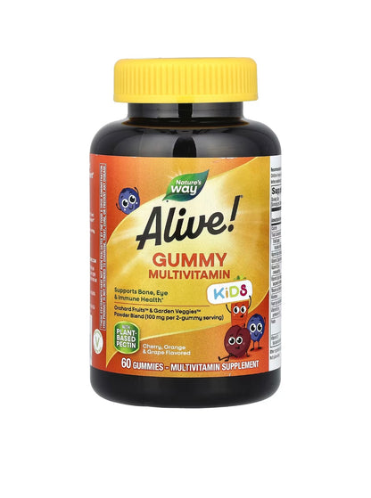 ALIVE, Kids , Gummy Multivitamin, Cherry Orange Grape, Bolalar uchun gilos, apelsin va uzum ta'mli Multivitamin, 60 dona