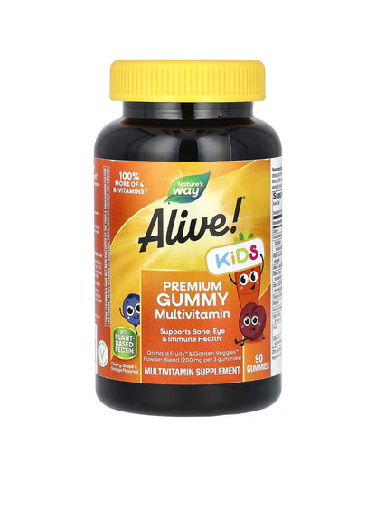 ALIVE, Premium Kids Chewable Gummies Multivitamin, Bolalar uchun gilos, apelsin va uzum ta'mli Multivitamin, 90 dona