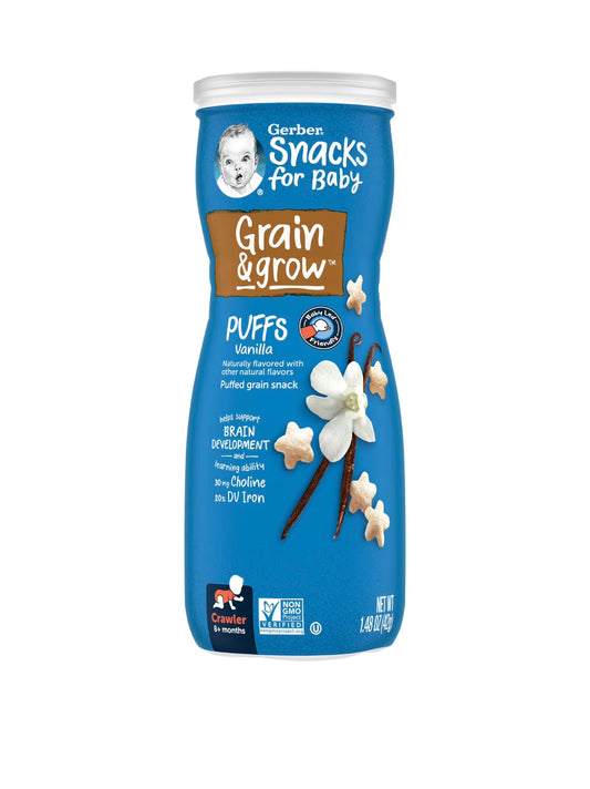 Snacks for baby, Grain& grow puffs, 8+ moths, Vanilla, 8 oylikdan oshgan bolalar uchun snaklar, 42 gr