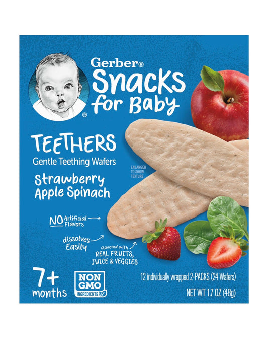 Snacks for Baby, Teethers, Gentle teething Wafers, Tish chiqishini yaxshilash uchun snaklar, 7+ oylik, Strawberry, Apple, Spinach, 2 qadoq